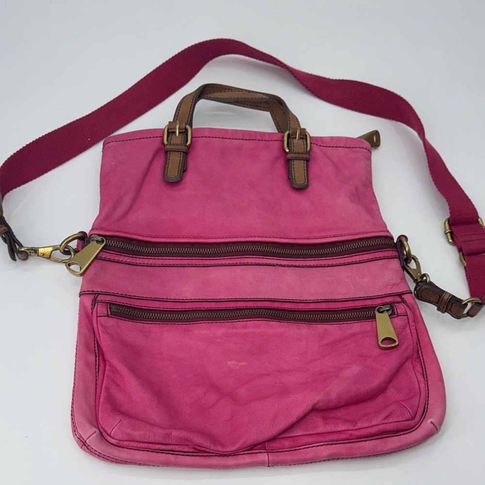 Vintage hot Pink & brown Fossil Explorer leather crossbody fold over tote